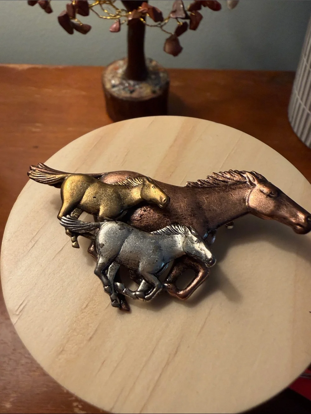 Decorative Metal Horse Trio Brooch Accent in Bronze, Gold, and Silver